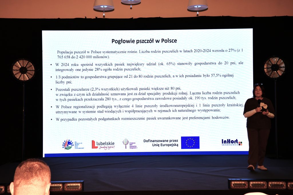 Na ekranie podczas konferencji „Wsparcie pszczelarstwa w województwie lubelskim” wyświetlona jest prezentacja dotycząca pogłowia pszczół w Polsce.
