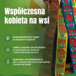 Plakat przedstawiający informacje o szkoleniu o nazwie Współczesna kobieta na wsi. Przedsiębiorczość kobiet na obszarach wiejskich, Liderka lokalnje społeczności od potencjału do działania + pokaz pierwszej pomocy, Wizerunek i autoprezentacja jako narzędzie aktywności zawodowej i społecznej kobiet,